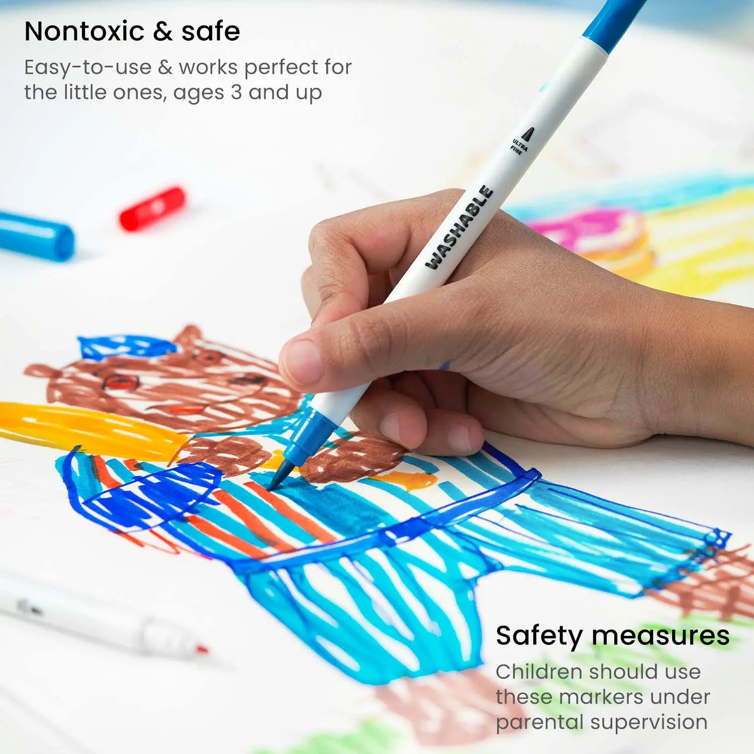 ARTEZA Kids Dual Tip Washable Markers, 24 Bright Colors, Marker Pens with Ultra Fine and Brush Tip, School Supplies for Kids Ages 3 and Up - Arteza - empaque