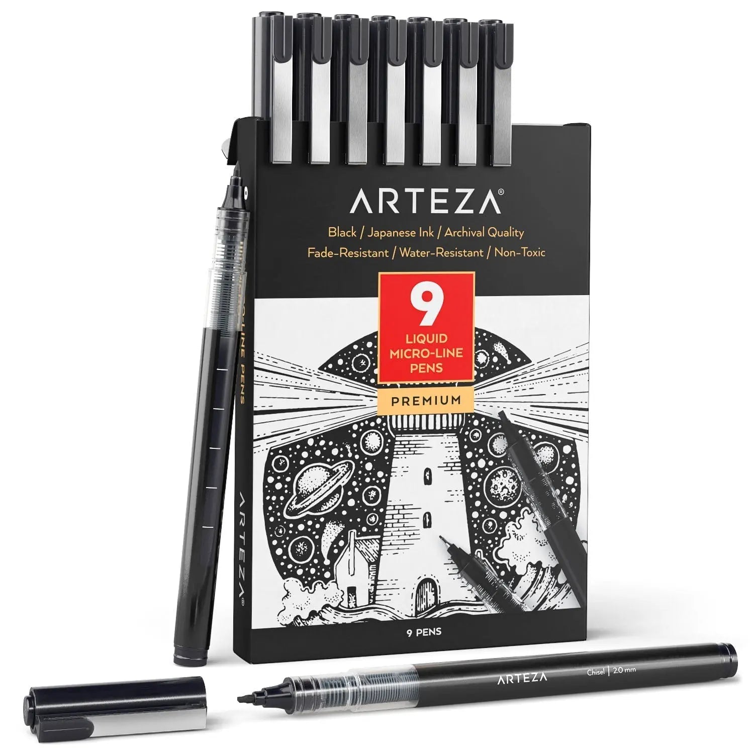 ARTEZA Micro-Line Ink Pens, Set of 9, Black Fineliners with Japanese Archival Ink, Art Supplies for Comic Artists and Illustrators - Arteza - empaque