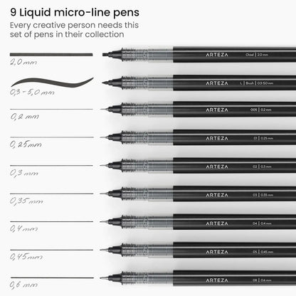 ARTEZA Micro-Line Ink Pens, Set of 9, Black Fineliners with Japanese Archival Ink, Art Supplies for Comic Artists and Illustrators - Arteza - uso