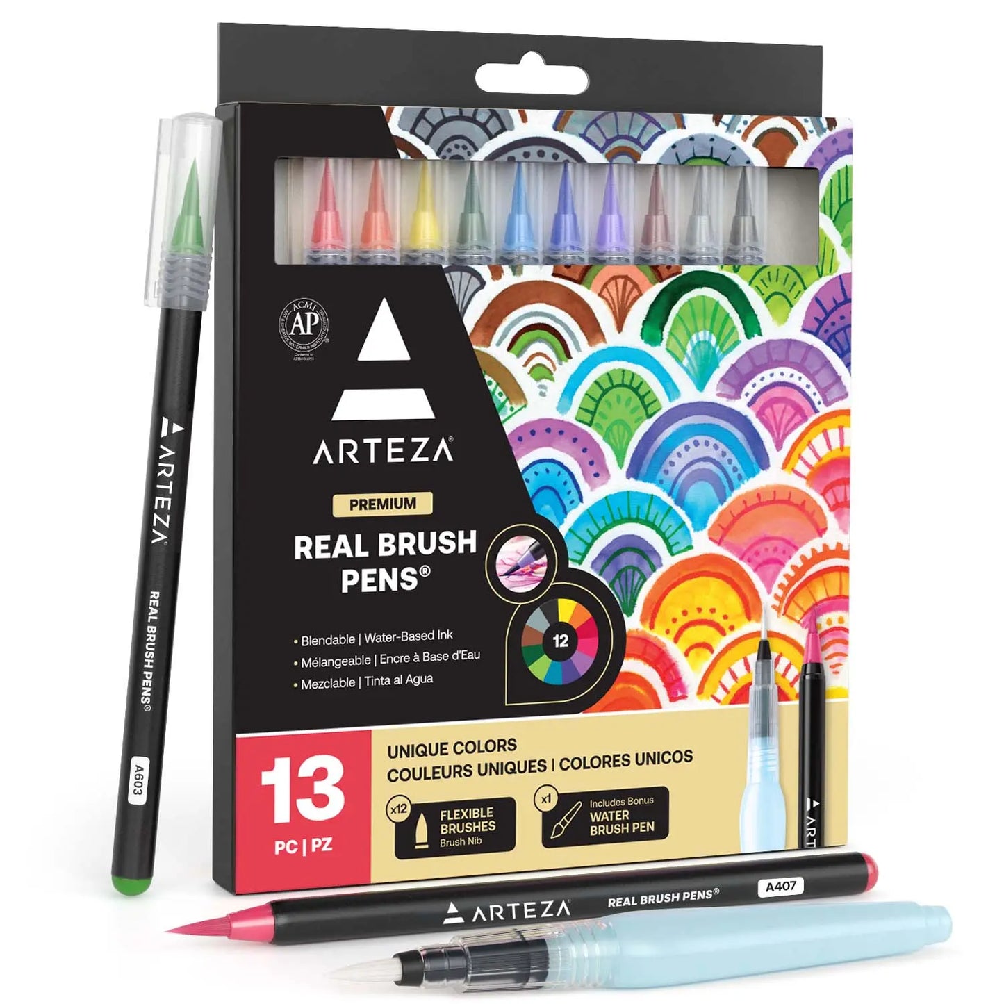 Arteza Real Brush Pens, Set of 12 Paint Markers with Flexible Brush Tips, 100% Nontoxic, Professional Watercolor Pens for Painting, Drawing, Coloring, Art Supplies for Artist & Hobby Painters - Arteza - contenido