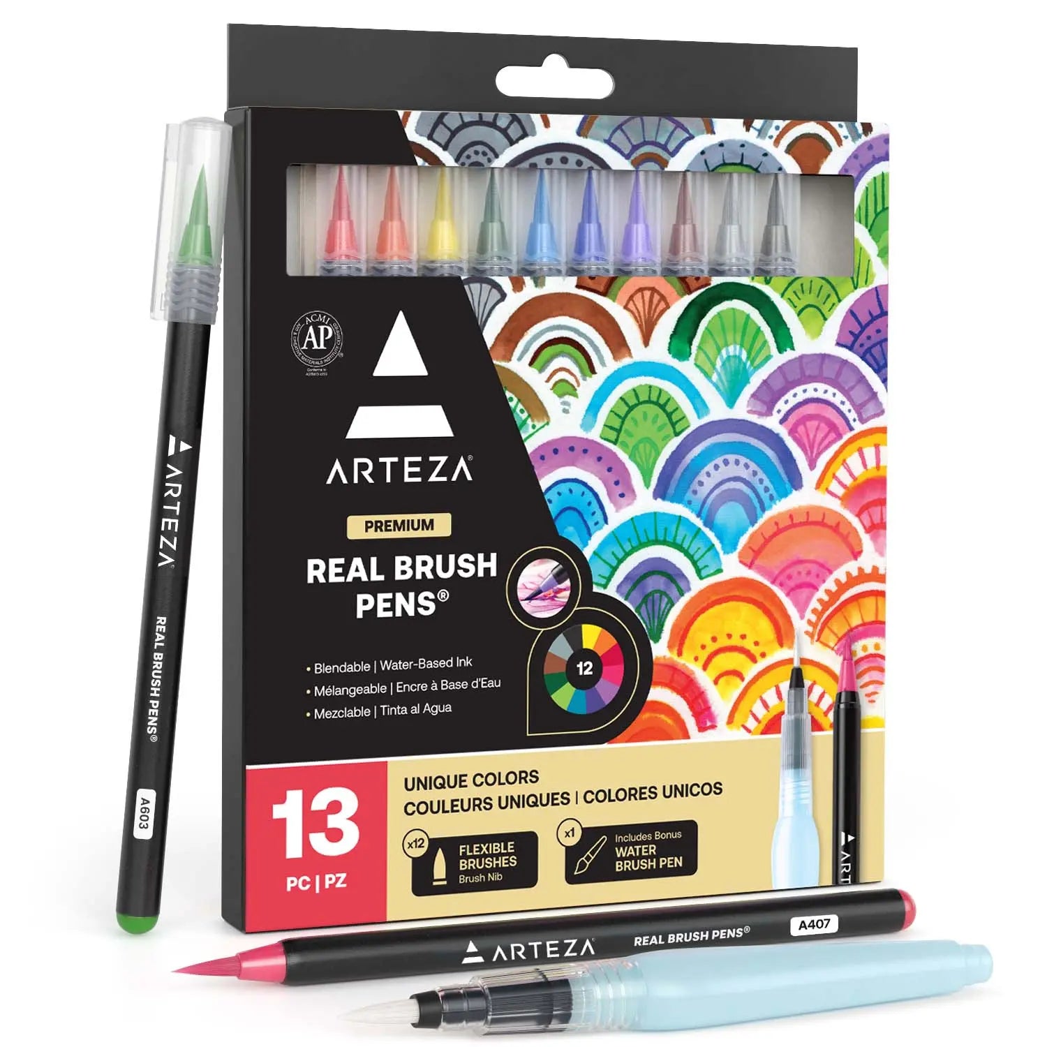 Arteza Real Brush Pens, Set of 12 Paint Markers with Flexible Brush Tips, 100% Nontoxic, Professional Watercolor Pens for Painting, Drawing, Coloring, Art Supplies for Artist & Hobby Painters - Arteza - contenido