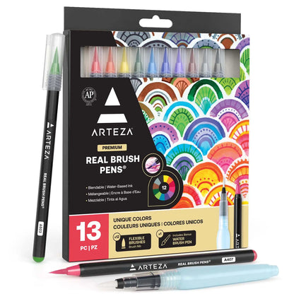 Arteza Real Brush Pens, Set of 12 Paint Markers with Flexible Brush Tips, 100% Nontoxic, Professional Watercolor Pens for Painting, Drawing, Coloring, Art Supplies for Artist & Hobby Painters - Arteza - contenido