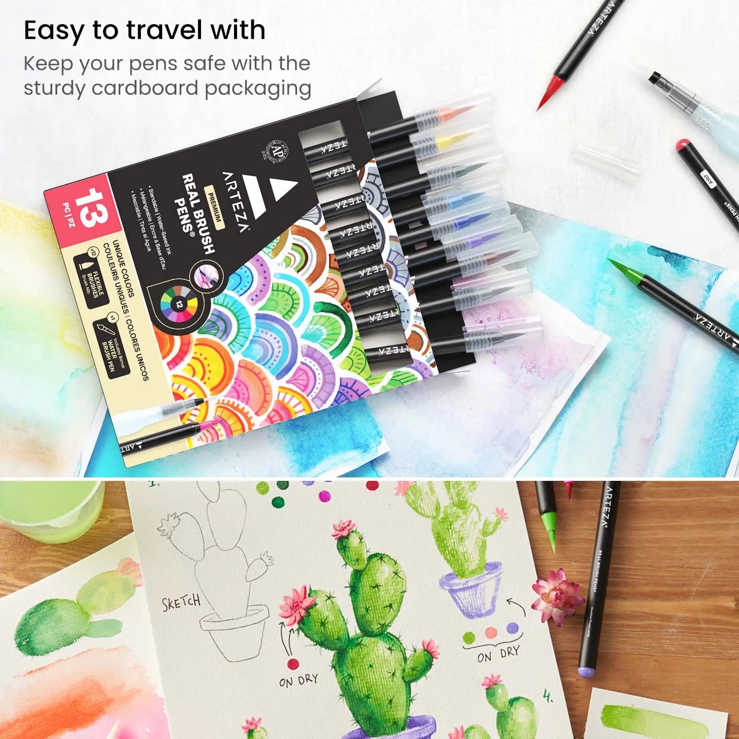 Arteza Real Brush Pens, Set of 12 Paint Markers with Flexible Brush Tips, 100% Nontoxic, Professional Watercolor Pens for Painting, Drawing, Coloring, Art Supplies for Artist & Hobby Painters - Arteza - uso
