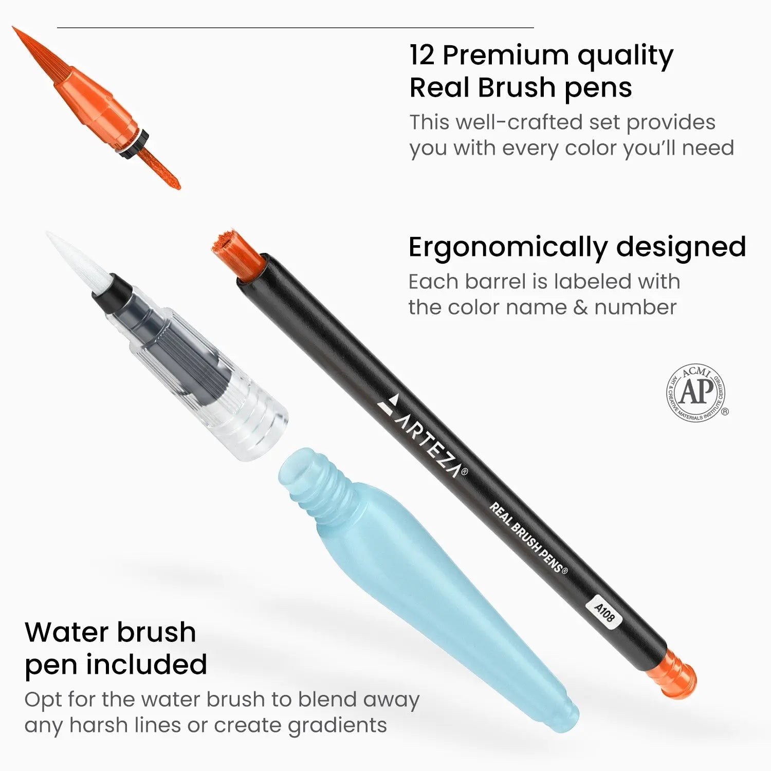 Arteza Real Brush Pens, Set of 12 Paint Markers with Flexible Brush Tips, 100% Nontoxic, Professional Watercolor Pens for Painting, Drawing, Coloring, Art Supplies for Artist & Hobby Painters - Arteza - detalle