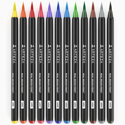 Arteza Real Brush Pens, Set of 12 Paint Markers with Flexible Brush Tips, 100% Nontoxic, Professional Watercolor Pens for Painting, Drawing, Coloring, Art Supplies for Artist & Hobby Painters - Arteza - empaque