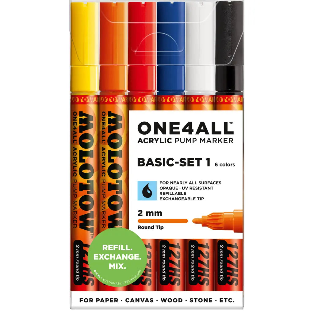 Set 6 Marcadores Molotow 2mm ONE4ALL Recargables Acrílico - Molotow - detalle