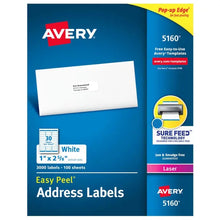 Etiqueta p/Impresora Láser c/3000 30 × Hoja 100hj Blanco 1×2-5/8" Avery® 5160 Caja - Avery - vista lateral