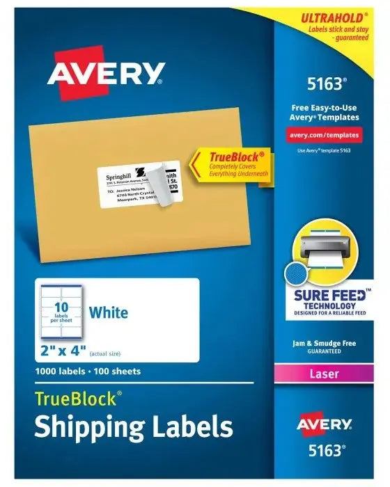 Etiqueta p/Impresora Láser c/1000 10 × Hoja 100hj Blanco 2×4" Avery® 5163 Caja - Avery