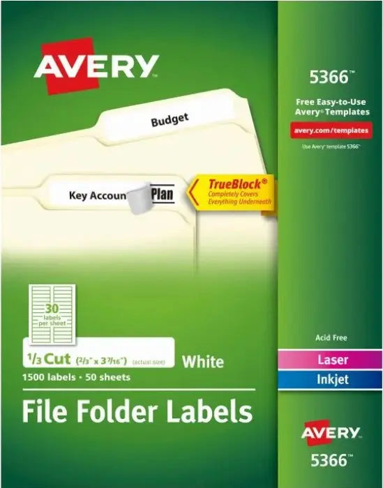 Etiqueta p/Impresora Fólder c/1500 50hjs Blanco 2/3×3-7/16 Avery® 5366 Caja - Avery