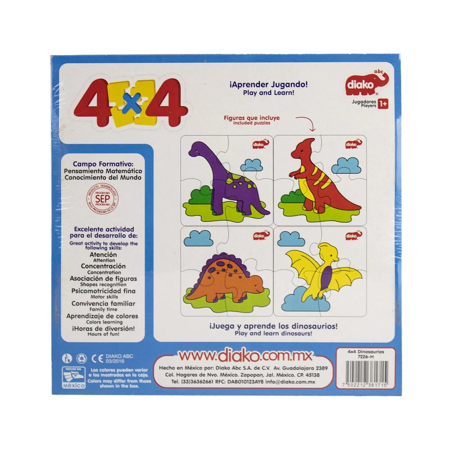 DIAKO 4 x 4 Dinosaurios Rompecabezas 4 Piezas - Diako - contenido