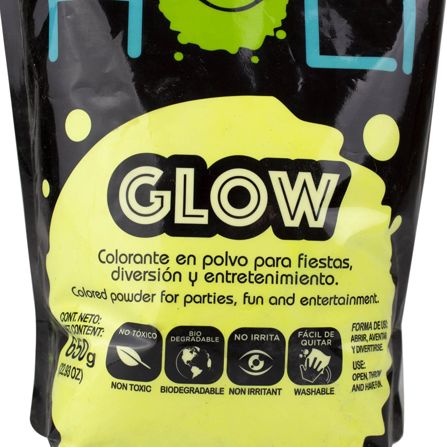 Polvos Holi Glow Amarillo Fluorescente Maxibolsa 650gr - Polvos Holi