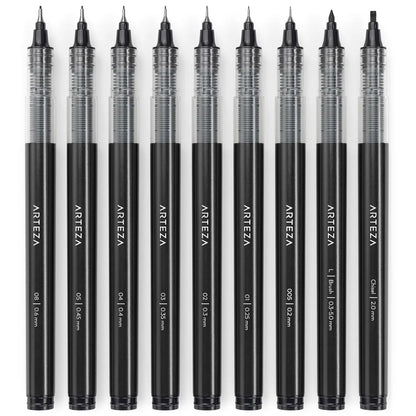 ARTEZA Micro-Line Ink Pens, Set of 9, Black Fineliners with Japanese Archival Ink, Art Supplies for Comic Artists and Illustrators - Arteza - vista lateral