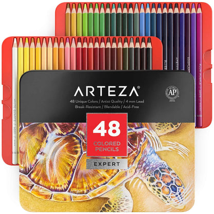 ARTEZA Colored Pencils, 48 Wax-Based Color Pencils, Vibrant Coloring Pencils in Tin Box for Adults, Professional Art Supplies - Arteza - vista lateral