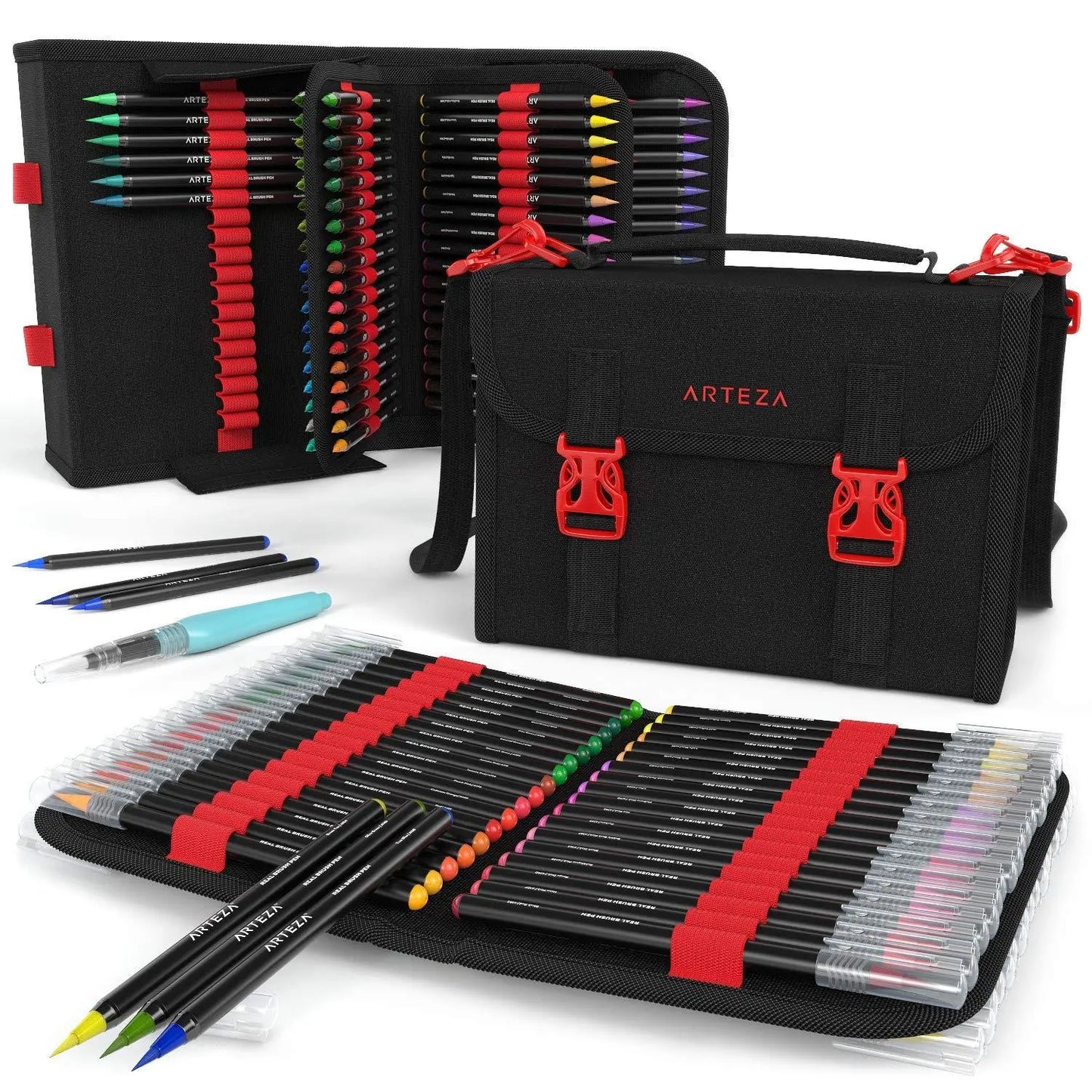 Arteza Real Brush Pens, 96 Colors, Flexible Nylon Tips, Coloring Markers in 108-Slot Organizer Case, Art Supplies for Watercolor Painting, Sketching, Lettering, and Calligraphy - Arteza - uso