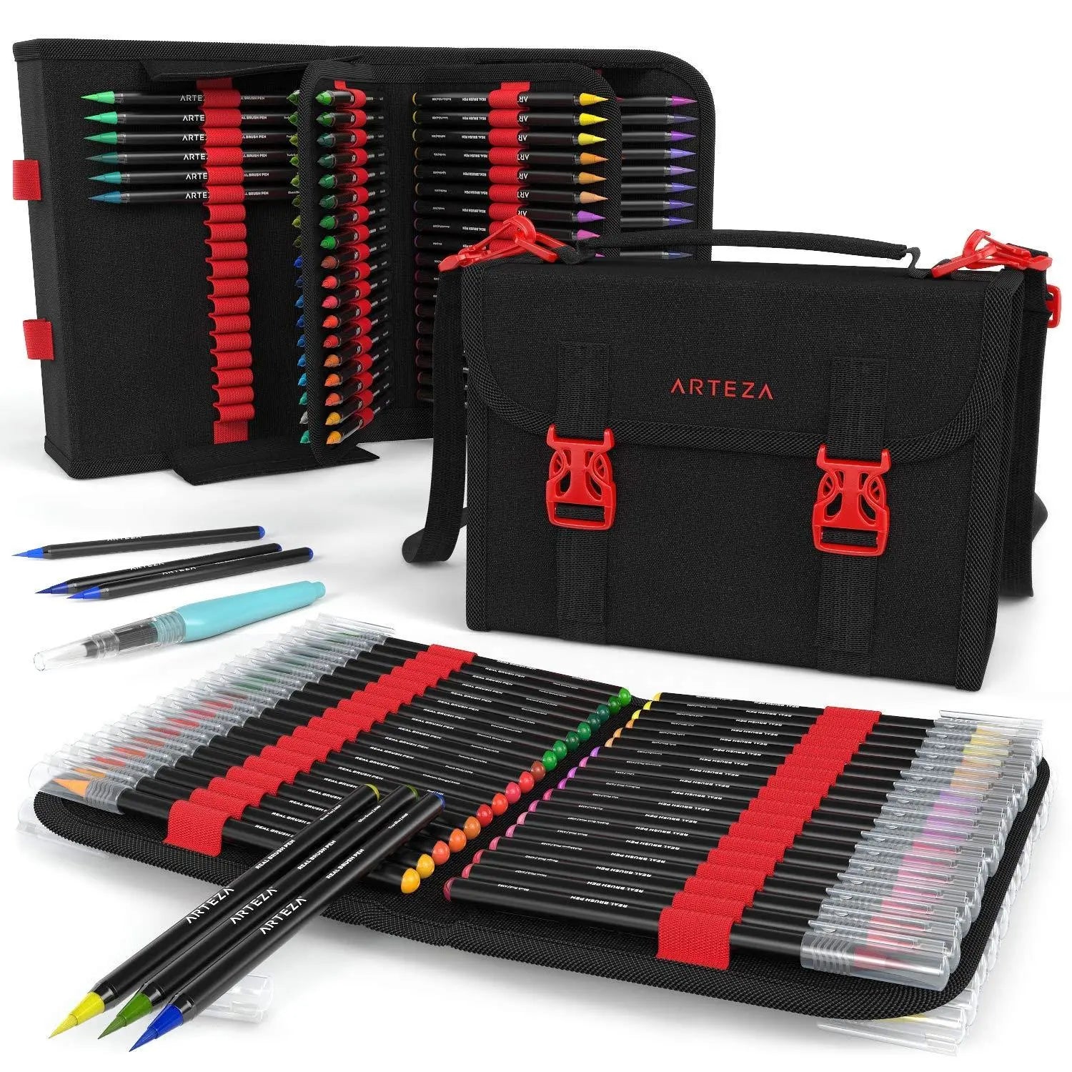 Arteza Real Brush Pens, 96 Colors, Flexible Nylon Tips, Coloring Markers in 108-Slot Organizer Case, Art Supplies for Watercolor Painting, Sketching, Lettering, and Calligraphy - Arteza - uso