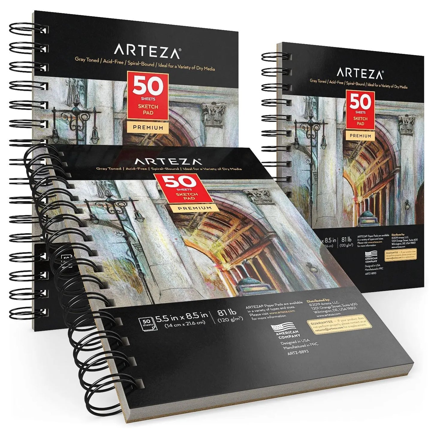Set 3 Sketchbook Cuaderno Dibujo Hojas Gris 14x21 Arteza - Coveme - vista lateral