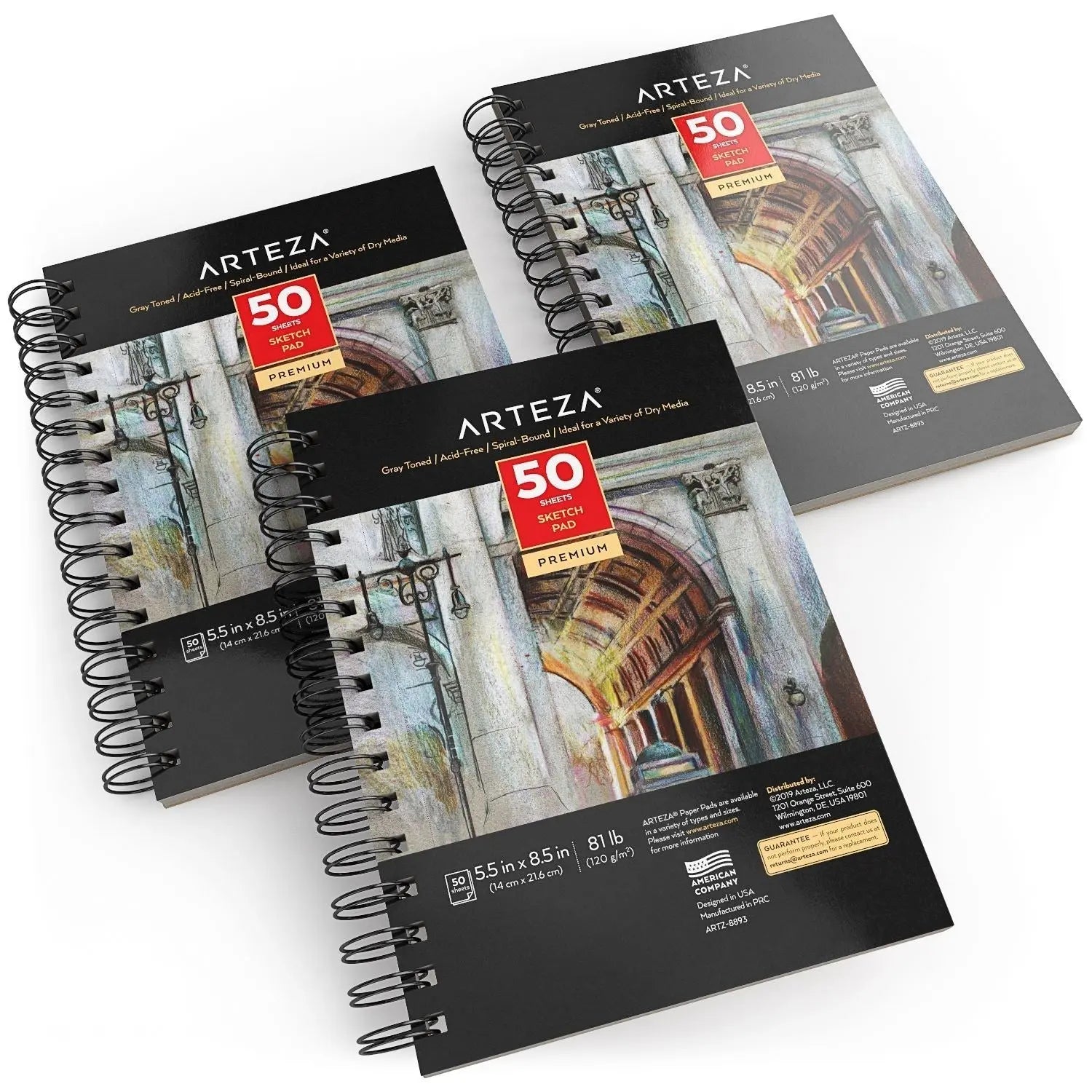 Set 3 Sketchbook Cuaderno Dibujo Hojas Gris 14x21 Arteza - Coveme - vista trasera
