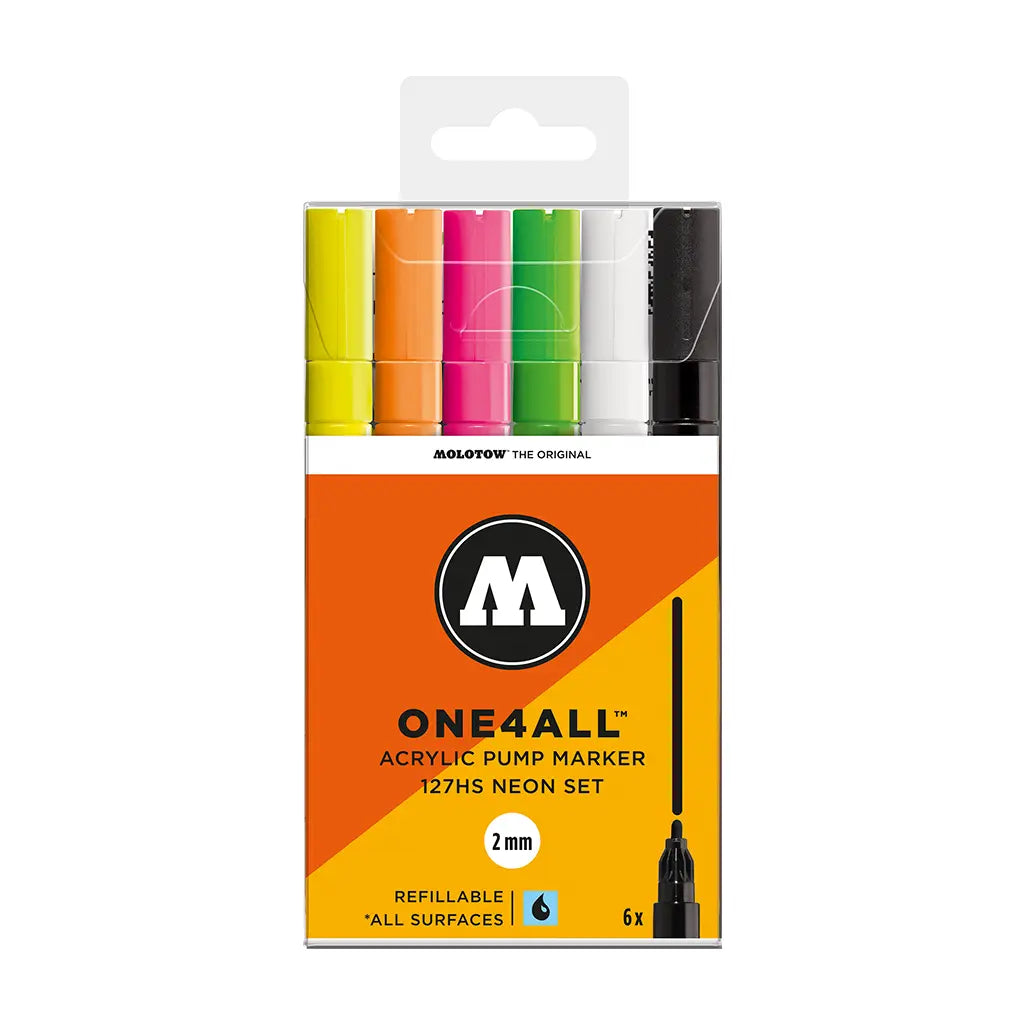 MOLOTOW -SET NEÓN CON 6 MARCADORES ACRÍLICOS ONE4ALL PUNTA 2 MM - Molotow - vista lateral